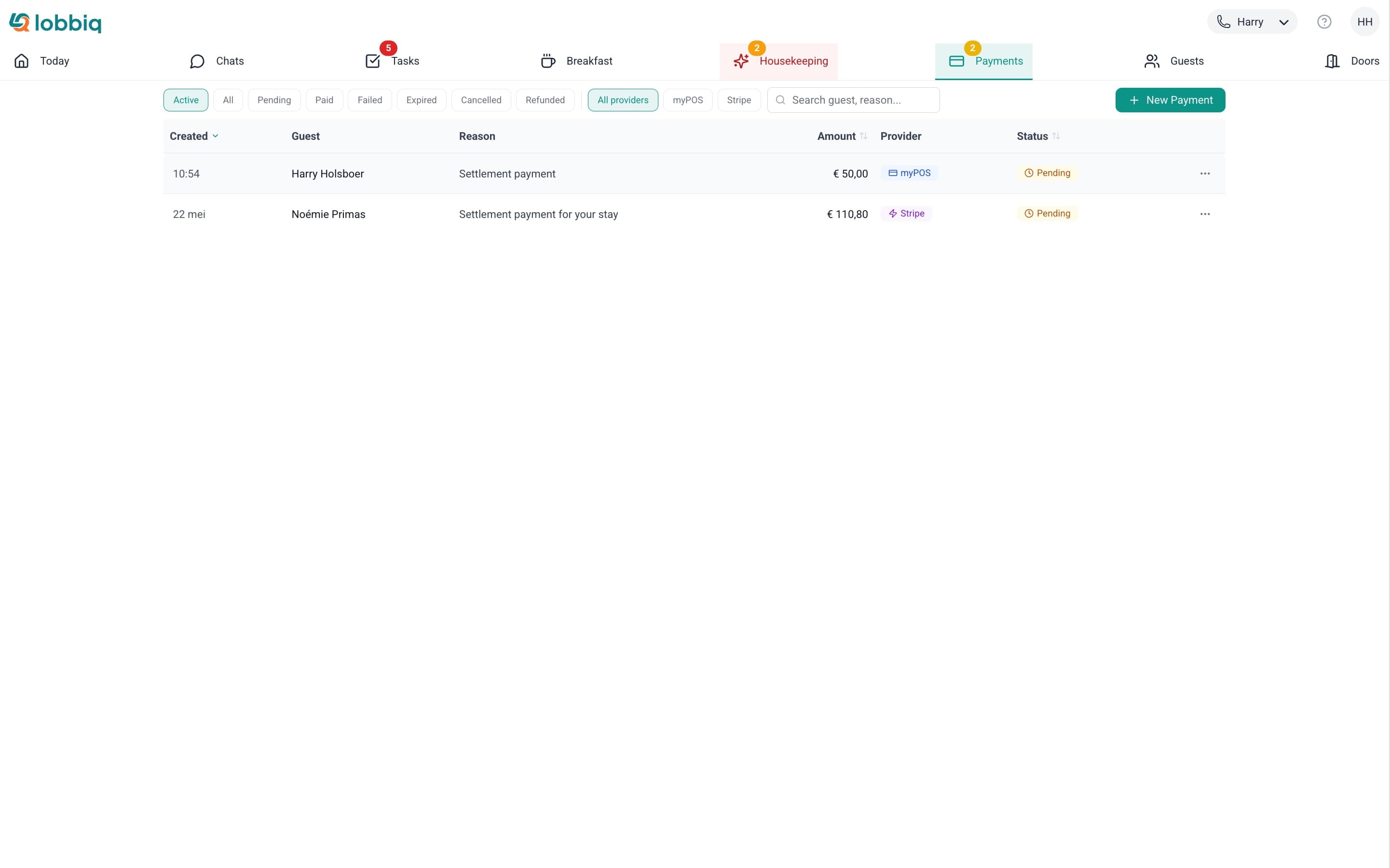 Lobbiq admin dashboard showing payment links and transaction overview