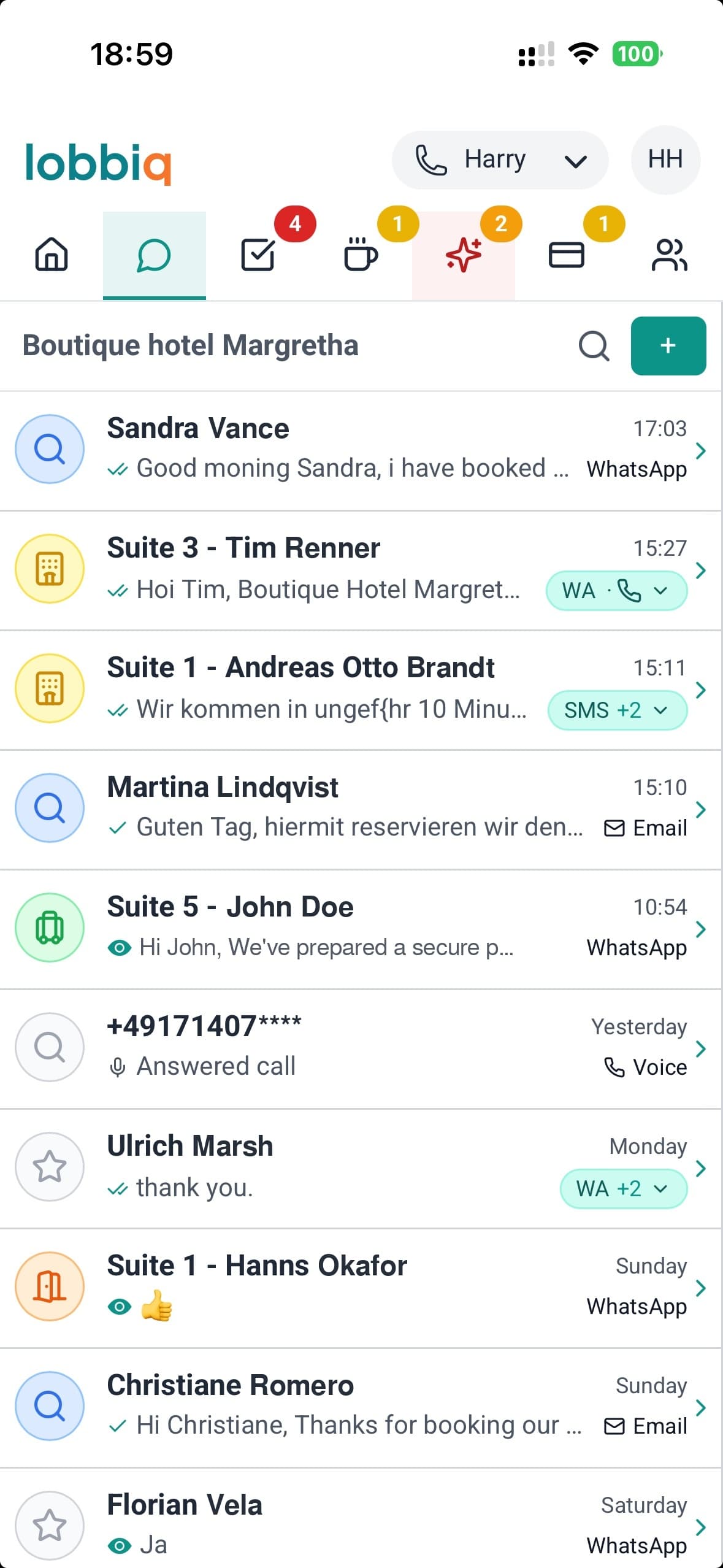 Lobbiq mobile inbox showing guest messages across WhatsApp, SMS and voice