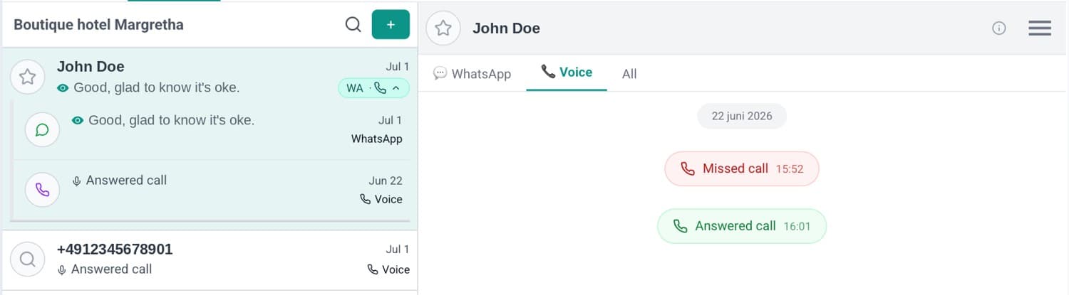 De Lobbiq-inbox: een gastgesprek met WhatsApp en Voice in één thread, en een gemist en een beantwoord gesprek in het Voice-tabblad.